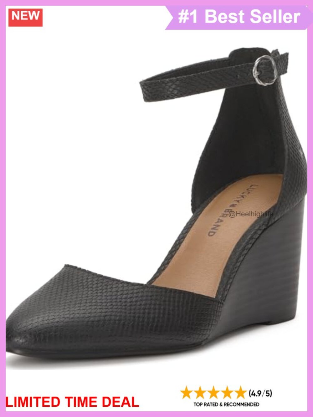 Lucky Brand Nitika Leather Wedge Sandal with Ankle Strap & Almond Toe